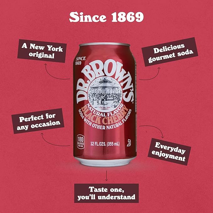 Dr. Brown's Black Cherry Soda - A New York Original - 24 Cans - Kosher Gourmet Soda Pop - Black Cherry Flavored Craft Soda - 24 x 12 oz Cans