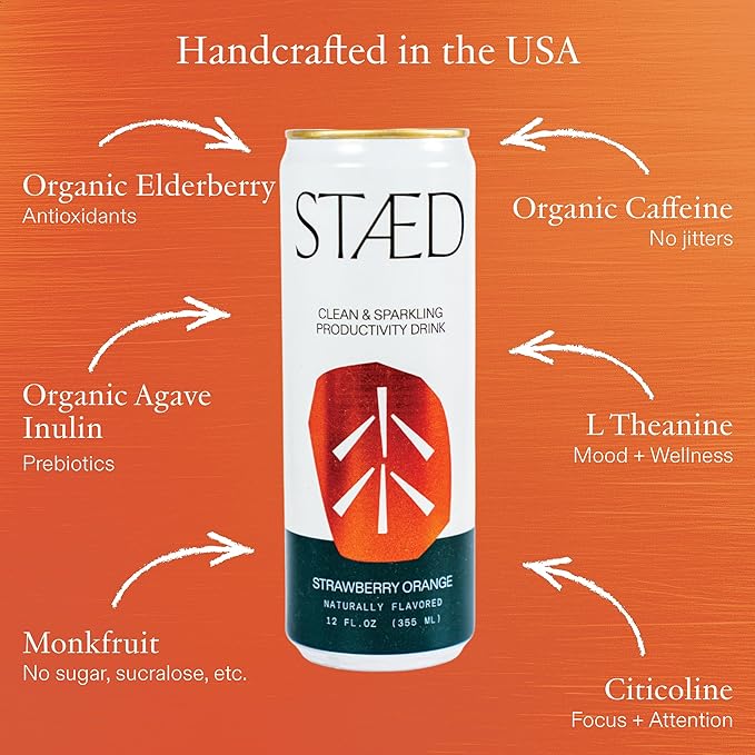 Drink Staed Strawberry Orange Productivity Drink Sparkling Functional Beverage 12-Pack – with Cognizin® Citicoline &amp L-Theanine Organic Clean Caffeine Healthy Energy Drink