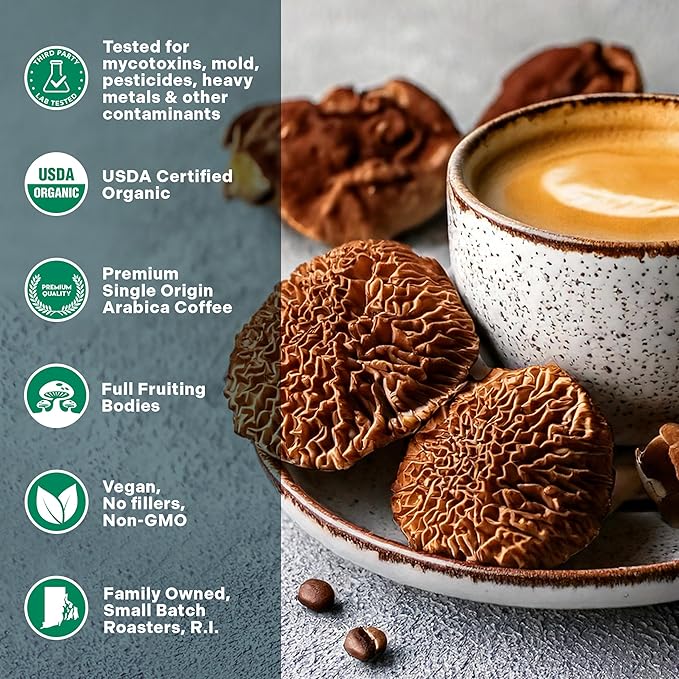 Organic 14 Mushroom Coffee Blend Dark Roast Organic Lion's Mane Chaga Red Reishi and more Chocolate Notes Enhances Overall Health Immune Support And Wellbeing Ground 12 oz Bag