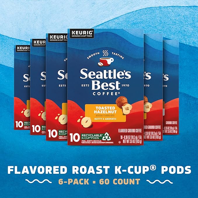 Seattle’s Best Coffee Flavored K-Cup Coffee Pods Toasted Hazelnut 100% Arabica 6 Boxes (60 Pods Total)
