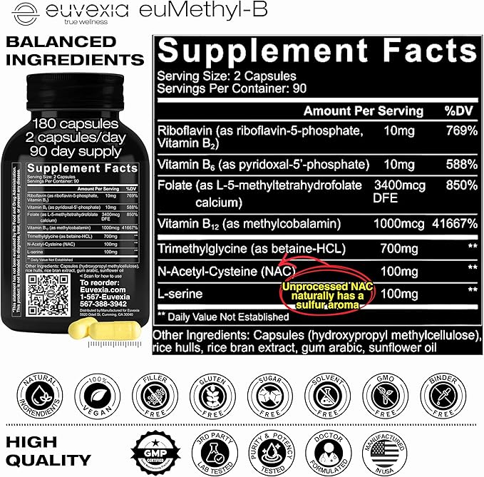 Methylated B Complex Vitamins Riboflavin B6 B12 Folate L-Serine NAC &amp TMG Supplements Brain Heart MTHFR Immune Support - Methylated Multivitamin L Methylfolate Active 5-MTHF (180) Dr Ekberg euMeth