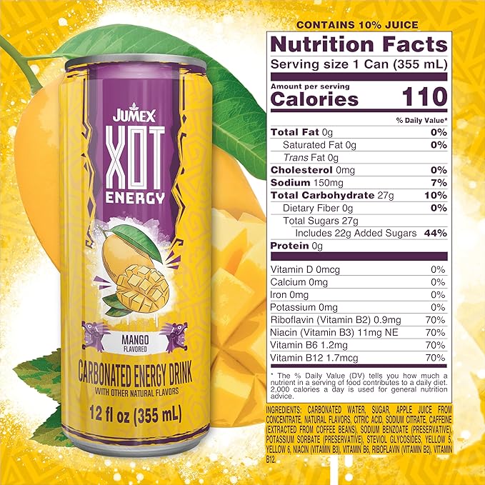 Jumex XOT Energy Drink - Mango - Natural Caffeine from Mexican Coffee Beans - Carbonated Preworkout with Vitamin B2 B3 B5 B12 - Mexican Drinks - Bebidas Energéticas - 12 Fl oz 12 Pack Cans