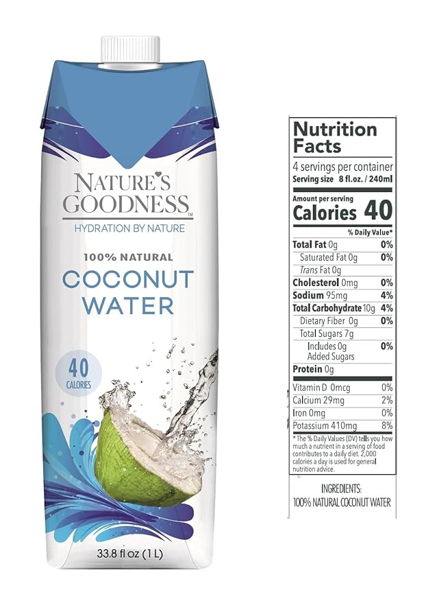 6 Pack of Nature's Goodness Coconut Water - 33.82 Fl Oz 1(L) (No Pulp Sugar Free Vegan Hydrating Naturally)