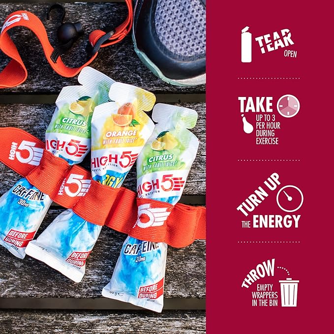 HIGH5 Aqua Caffeine Carbohydrate Gels - Running Supplements for Fast Energy - Natural Fruit Juice - Muscle Gel Endurance Fuel for Cycle Nutrition &amp Energy Gels for Hiking (Berry 20 x 66g)