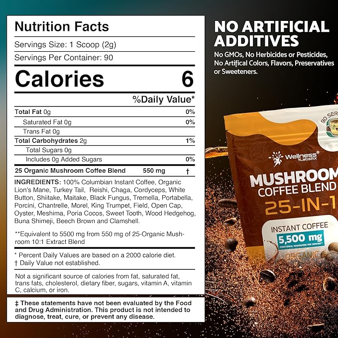 Mushroom Coffee Organic Instant Coffee 25-in-1 Third-Party Tested Keto Friendly Lions Mane Supplement with Functional Mushrooms – Shiitake Reishi Lion’s Mane &amp More | Smooth Rich Flavor - 90