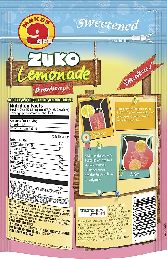 Zuko Strawberry Lemonade Instant Powder Drink | Family Pack | No Sugar Needed | Vitamin C | 14.1 Ounce (Pack of 2)