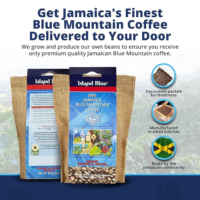 Island Blue 100% Jamaica Blue Mountain Fresh Roasted &amp Ground Coffee Medium Roast Gourmet Coffee Ground Vacuum Packed in a Burlap Bag 8 oz