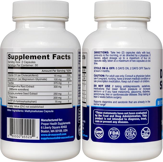 Serotonin and Dopamine Supplements Better Than Dopamine or Serotonin Support Only. Helps Maintain Normal Neurotransmitter Levels. Mucuna Pruriens 5-HTP 60 Capsules Women Men