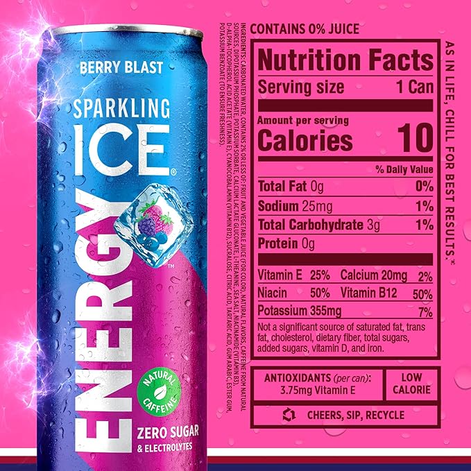 Sparkling Ice Energy Variety 12Pk. Energy Drinks with Vitamins + Antioxidants Zero Sugar Berry Blast Maximum Mango Power Punch flavors. 12 fl oz cans.