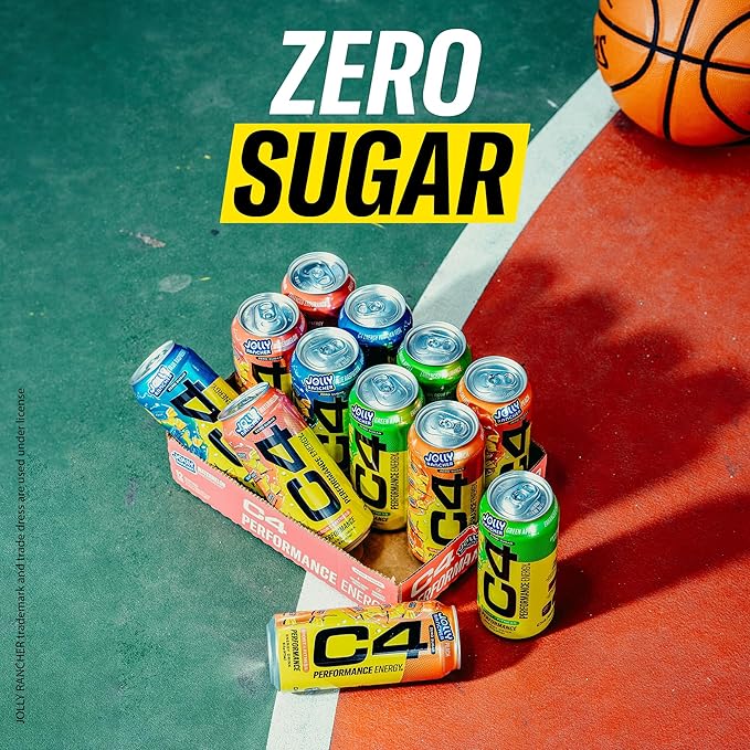 Cellucor C4 Performance Energy Drink | JOLLY RANCHER Green Apple | Zero Sugar Carbonated Preworkout Energy | 200mg Caffeine with Beta Alanine | 16 Fl Oz (24 Pack)