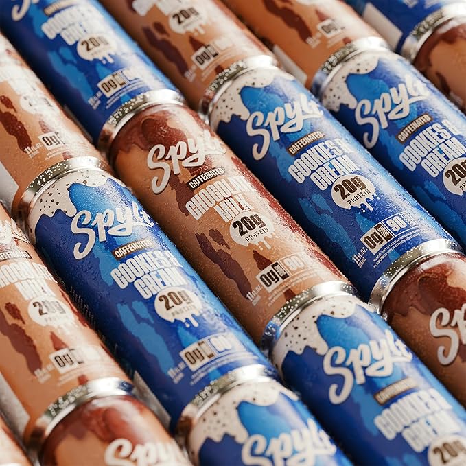 Spylt High Protein Chocolate/Cookies &amp Cream Milk with 60mg Caffeine &amp 20g Protein - 90 Calories Ready to Drink Sugar Free Lactose Free Milk Perfect for Workout Recovery &amp Afternoon Pi