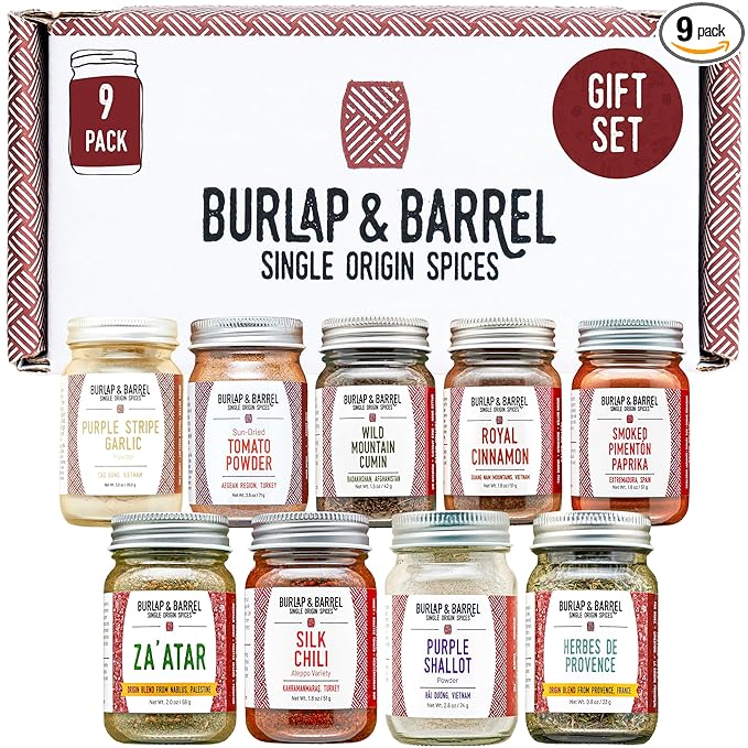 Burlap &amp Barrel 9-Pack Spice Gift Set – 9 Full-Size Jars of Favorite Spices for the Curious Cook – Includes Cinnamon Garlic Lime &amp More Seasonings - As Seen On Shark Tank