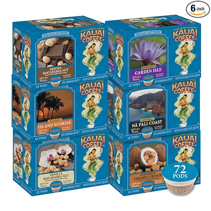 Kauai Coffee Pods Compatible with K-Cup Pods for Keurig Brewers – 20% Hawaiian Arabica – Mild Medium and Dark Roast Rich Smooth No Bitterness – Six Flavors 6 Packs of 12 Single Serve Cups