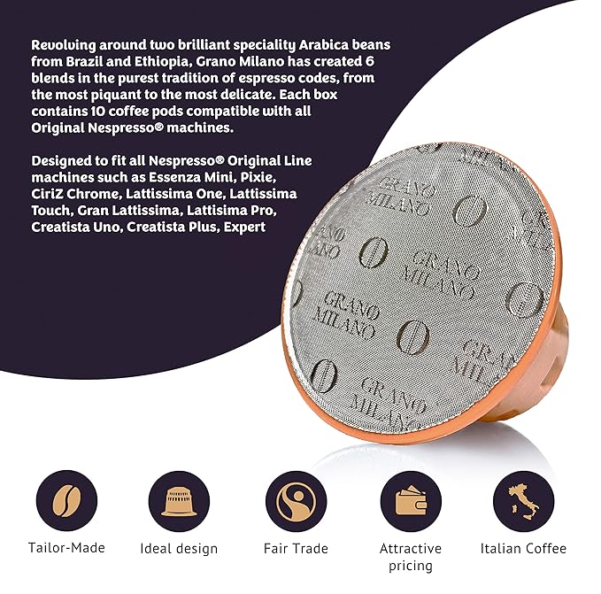 Grano Milano Lungo - 50 Espresso Pods Compatible with Nespresso Original line 100% Arabica Medium Roast - Intensity 7/12 Coffee Capsules Made in Italy Espresso Coffee