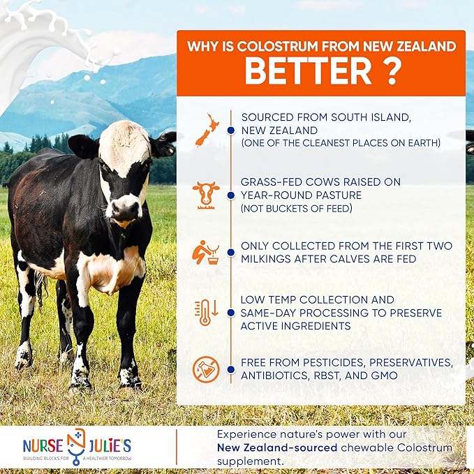 Nurse Julie's Chewable Colostrum Tablets for Kids - 100% Grassfed New Zealand Colostrum - Immune Support Gut Health in Children - 60 Tablets - 2 Month Supply