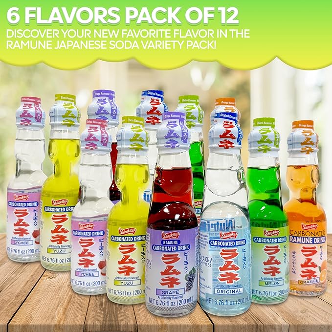 Ramune Japanese Soda Soft Drinks - Sparkling Beverage for Parties Original Yuzu Grape Orange Melon Lychee Flavored Soda Drinks Refreshing Japanese Marble Soda (12 Pack 2 of each flavor)