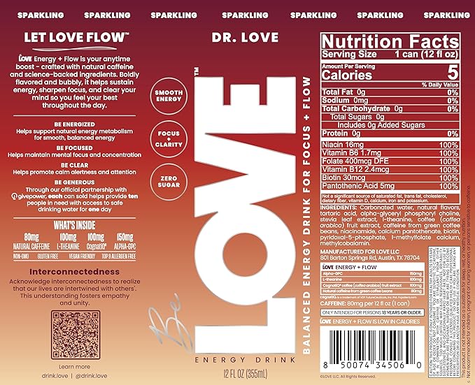 Be LOVE Energy + Flow – 80mg Natural Caffeine L-Theanine &amp Alpha-GPC for Clean Calm Focus – Zero Sugar Low Calorie 100% DV B-Vitamins – Non-GMO Vegan – 12 fl oz (Pack of 12) (DR. LOVE)