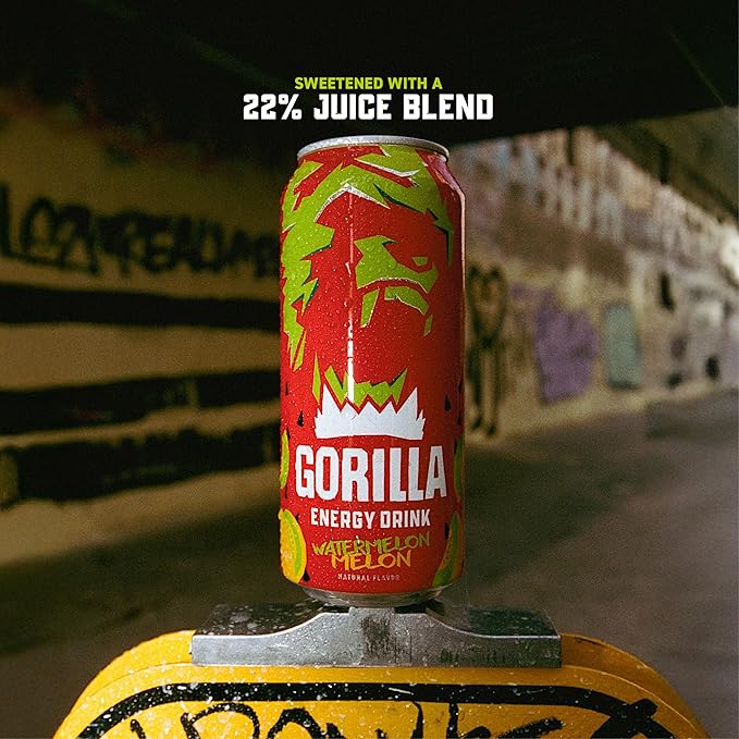 Gorilla Energy Drink Watermelon Melon 200mg Natural Caffeine Real Fruit Juice Squeezed &amp Concentrated L-Theanine Taurine Ginseng Acetyl L-Carnitine No Added Sugar and No Artificial Colors