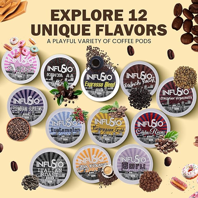 InfuSio Coffee Pods Variety Pack – 96 Count 12 Sophisticated Medium &amp Dark Roast Blends Crafted Blends Collection – Premium Single-Serve Coffee Compatible with Keurig K-Cup 2.0 Brewers