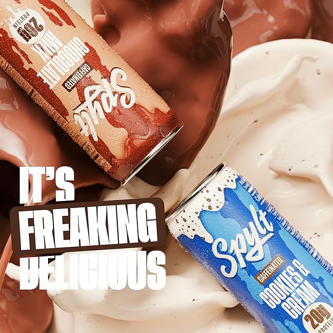 Spylt High Protein Chocolate/Cookies &amp Cream Milk with 60mg Caffeine &amp 20g Protein - 90 Calories Ready to Drink Sugar Free Lactose Free Milk Perfect for Workout Recovery &amp Afternoon Pi