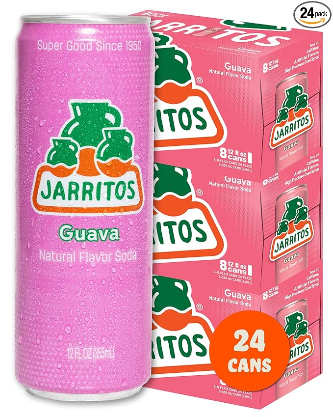 Jarritos - Mexican Soda Soft Drinks Guava (12 oz 355ml) 24 Cans (3 Boxes of 8) - Made with Real Cane Sugar - 0g Fat - Made in Mexico - Natural Flavor Soda Pop - Party &amp BBQ Beverages
