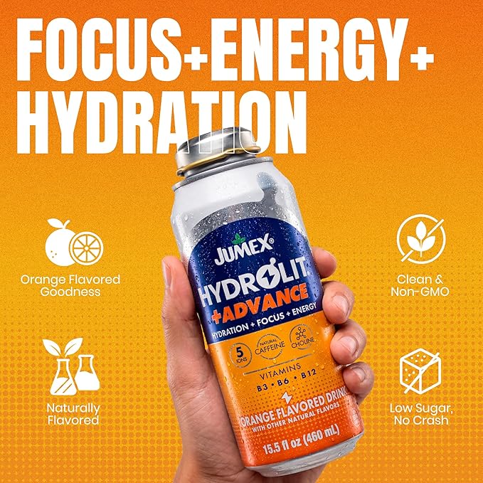 Jumex Hydrolit +Advance Hydration Energy Drinks - 90 Calorie Orange Sports Drinks - Non Carbonated Electrolyte &amp Vitamin Water with Ions Choline B3 B6 B12 &amp Natural Caffeine - 15.5oz 12 P