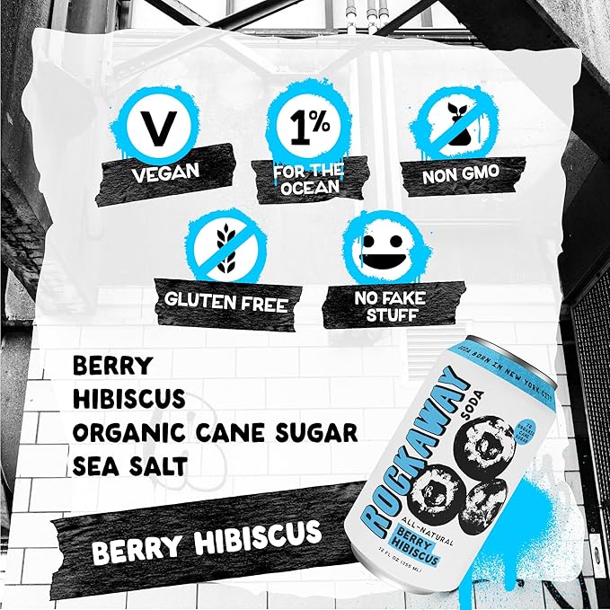 ROCKAWAY Berry Hibiscus Soda Drinks - Low calorie drinks made from Real Fruit Juice All Natural - Soda Pop Drinks Gluten Free Vegan GMO Free - 12oz (12 Pack)