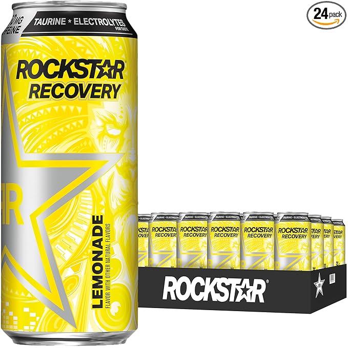 Rockstar Recovery Lemonade Energy Drink Caffeine and Electrolytes 16oz (24 Pack) (Packaging May Vary)