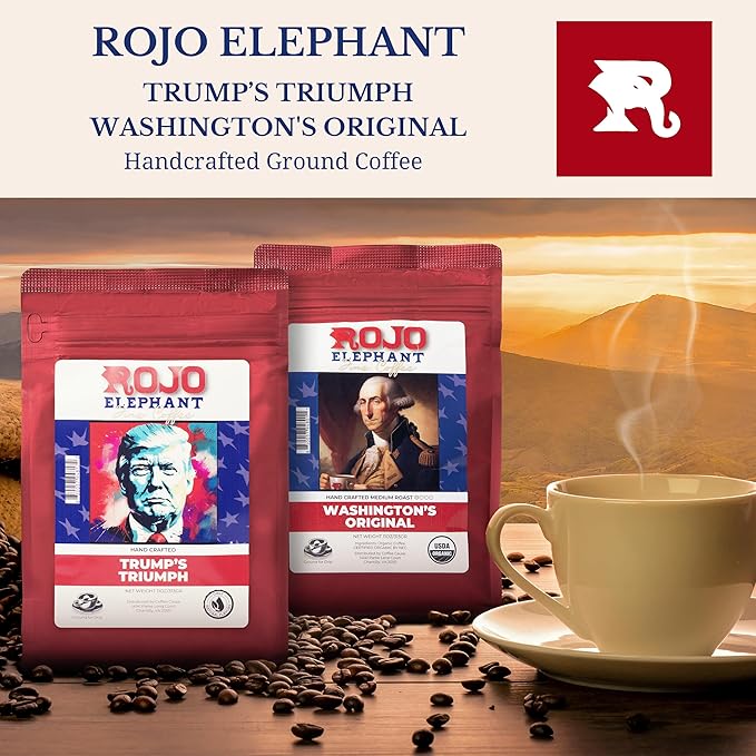 Rojo Elephant Handcrafted Ground Coffee 100% Arabica Beans 11 0z Bags Pack of 2 Trump's Triumph Washington Original Legacy Blend