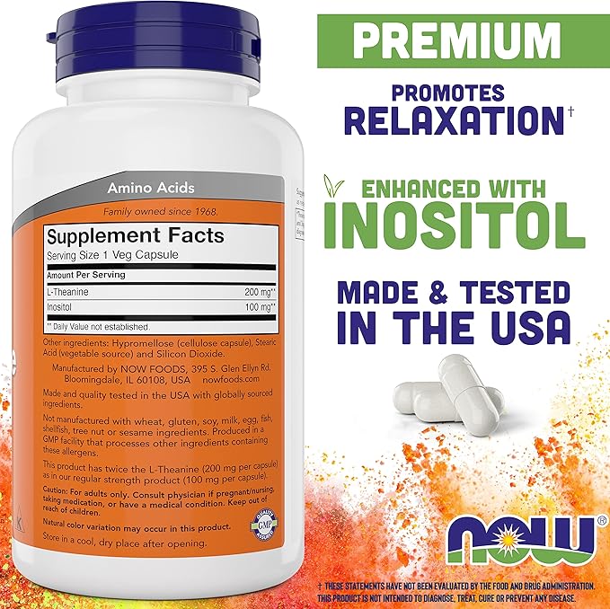 NOW Foods L-Theanine Double Strength 200 mg Per Cap - 180 Veg Capsules (Pack of 2) (360 Total caps) - Enhanced with 100mg Inositol - Vegetarian Non-GMO - Ltheanine 200mg Supplement