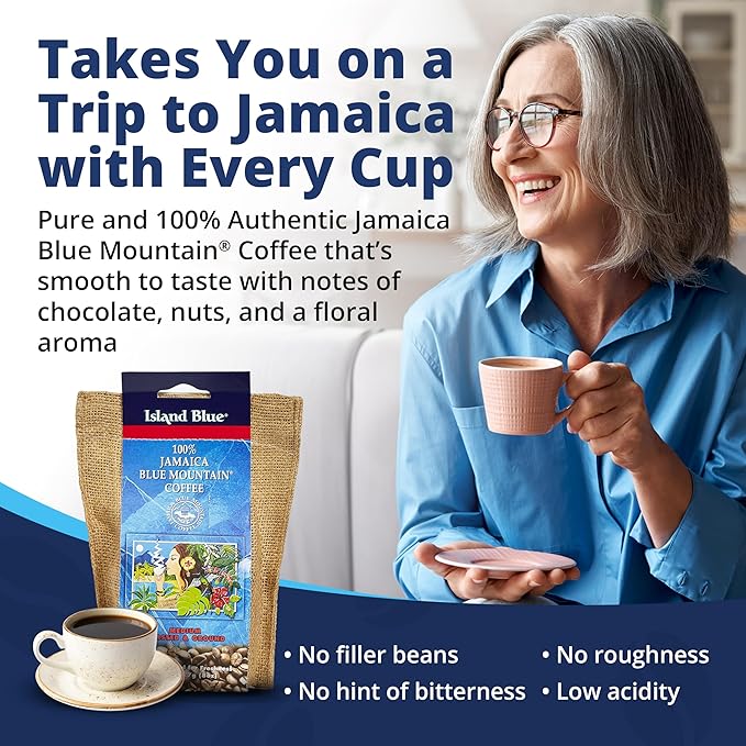Island Blue 100% Jamaica Blue Mountain Fresh Roasted &amp Ground Coffee Medium Roast Gourmet Coffee Ground Vacuum Packed in a Burlap Bag 8 oz