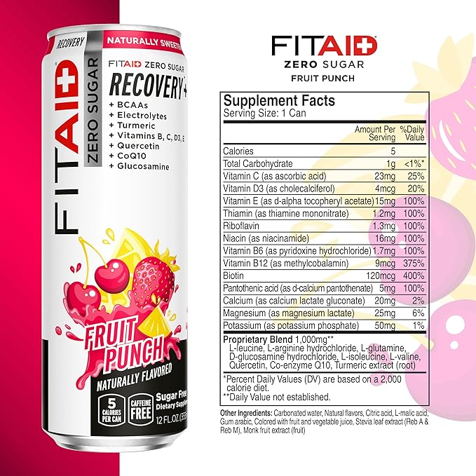 FITAID ZERO Keto-Friendly Number 1 Post-Workout Recovery Drink Contains Zero Sugar BCAAs Glucosamine 5 Calories Fruit Punch 12 Fl Oz (Pack of 24)
