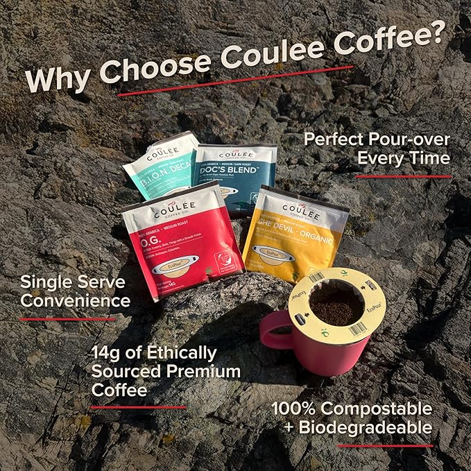 Coulée EcoPour She Devil Coffee Single Serve Pour Over Arabic Coffee Medium Roast Use for Camping or Traveling Pre Filled Compostable Filters Ready to Brew with Hot Water 20 Pack