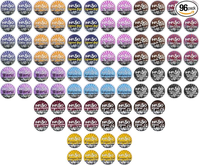 InfuSio Coffee Pods Variety Pack – 96 Count 12 Sophisticated Medium &amp Dark Roast Blends Crafted Blends Collection – Premium Single-Serve Coffee Compatible with Keurig K-Cup 2.0 Brewers