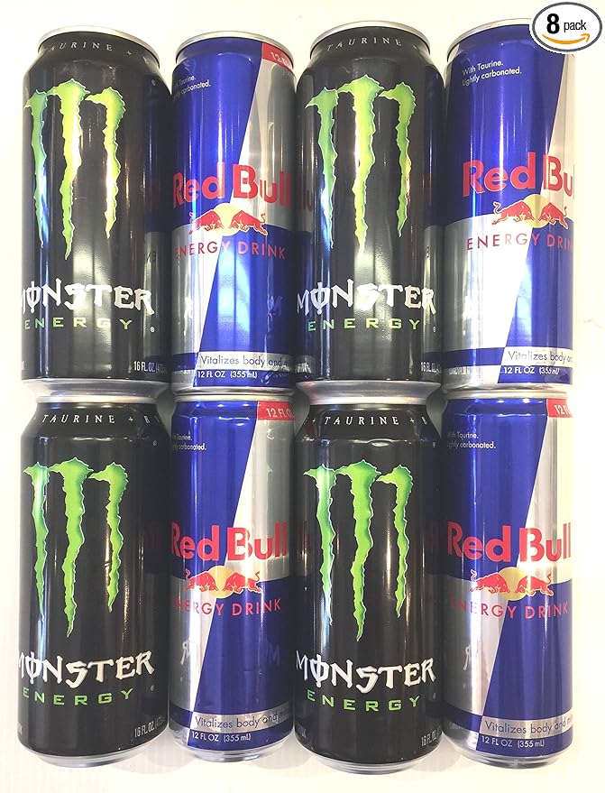Monster and Red Bull Energy Drink Variety - Military College Care Package - Pack of 8.