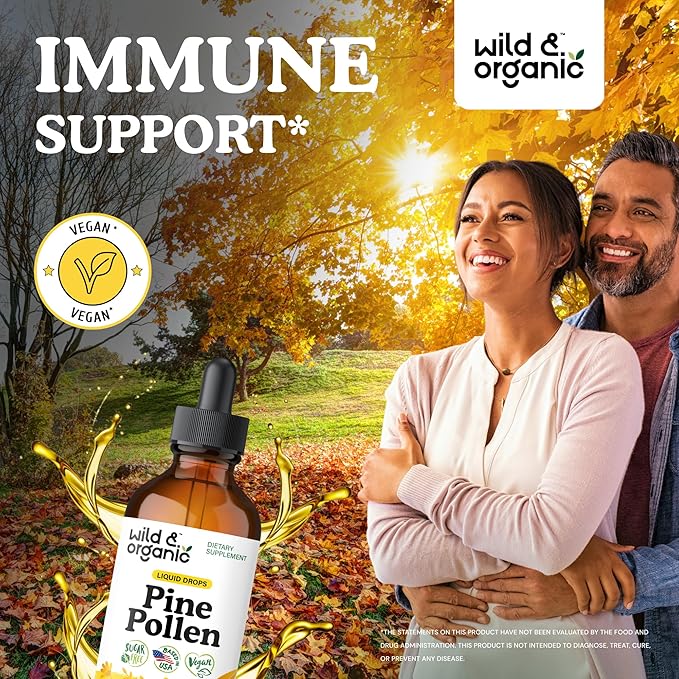 Wild &amp Organic Pine Pollen Tincture - Pine Pollen for Men &amp Women - Add to Tea &amp Drink - Pure Pinus Massoniana Extract Drops - Vegan Sugar &amp Alcohol-Free Liquid Supplement - 4 fl oz