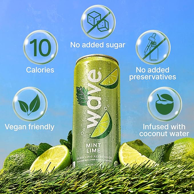 WAVE Sparkling Refreshers | Sparkling Juice | Organic Hydration | Low Calorie Drink | Lightly Carbonated Soda Alternative | No Added Sugar No Preservatives or Artificial Ingredients |12 Pack (Mint Li