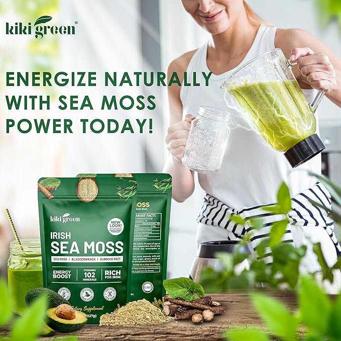 KIKI Green Irish Sea Moss Powder 8 Oz - with Bladderwrack Burdock Root Extract for Immune Support - Keto Vegan Supplement