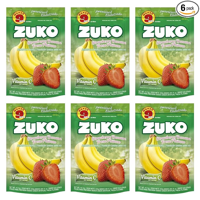 Zuko Strawberry Banana Instant Powder Drink | Family Pack | No Sugar Needed | Vitamin C | 14.1 Ounce (Pack of 6)