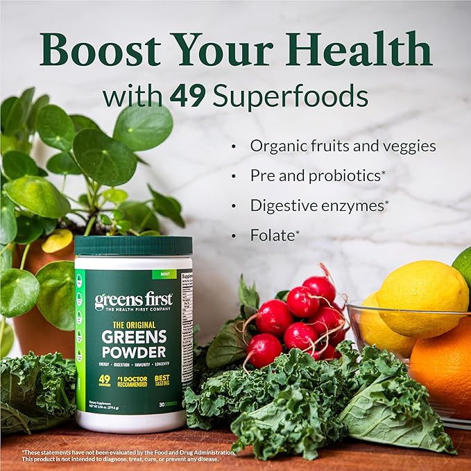 Greens First Gift Set - Limited Edition Glass Carafe &amp Organic Greens Powder - 49 Superfoods - Prebiotics Probiotics &amp Digestive Enzymes - Dairy Free Vegan &amp Non-GMO (Mint 30 Servings)