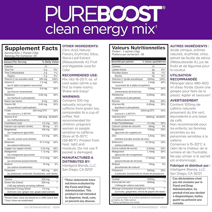 Pureboost Clean Energy Booster Refreshing Energy Drink Mix with B12 Vitamins Electrolytes Antioxidants Sugar-Free with No Sucralose (Acai Alert 30 Count)