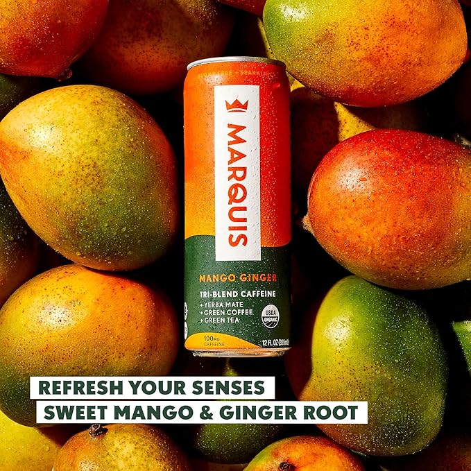 Marquis | Organic Energy Drink Alternative with Organic Plant Based Caffeine | Vegan Zero Calorie Sugar Free Sparkling Yerba Mate | Keto Energy Drinks Alternative | Lychee Peach x1+ Mango Ginger x1