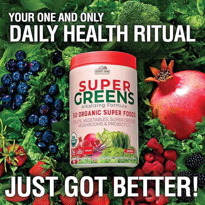 Country Farms Super Greens Berry Flavor 50 Organic Foods USDA Drink Mix Multicolor Multi 40 Servings 21 Oz 2 Pack
