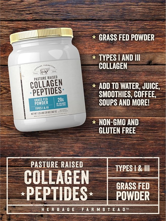 Carlyle Grass Fed Collagen Peptides Powder 20oz | Unflavored | Pasture Raised | Types I &amp III | 20g of Collagen Per Daily Dose | Non-GMO Gluten Free | by Herbage Farmstead