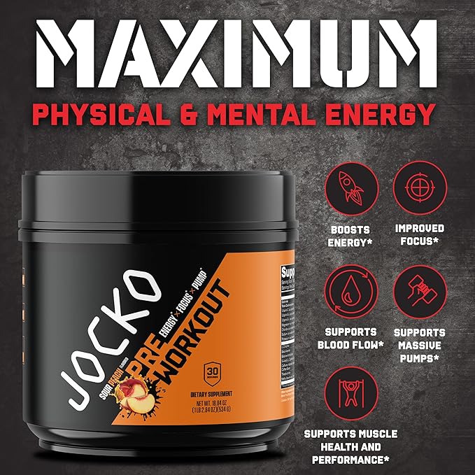 Jocko Fuel Ultimate Pre Workout Powder - Pre-Workout Energy Powder Drink for Men &amp Women - High Stim Sugar-Free Nootropic Blend to Support Muscle Pump Energy &amp Recovery 200mg Caffeine Sour P