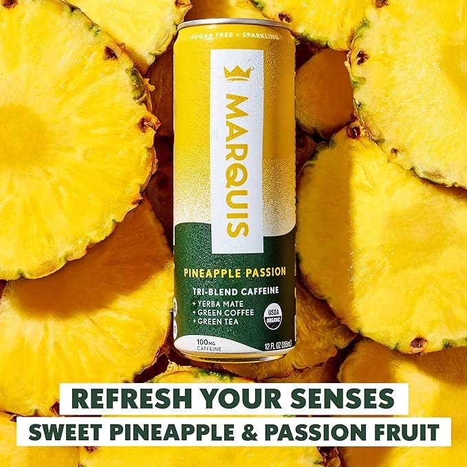 Marquis | Organic Energy Drink Alternative with Organic Plant Based Caffeine | Vegan Zero Calorie Sugar Free Sparkling Yerba Mate | Keto Energy Drinks Alternative | Pineapple x1+ Variety Pack x1