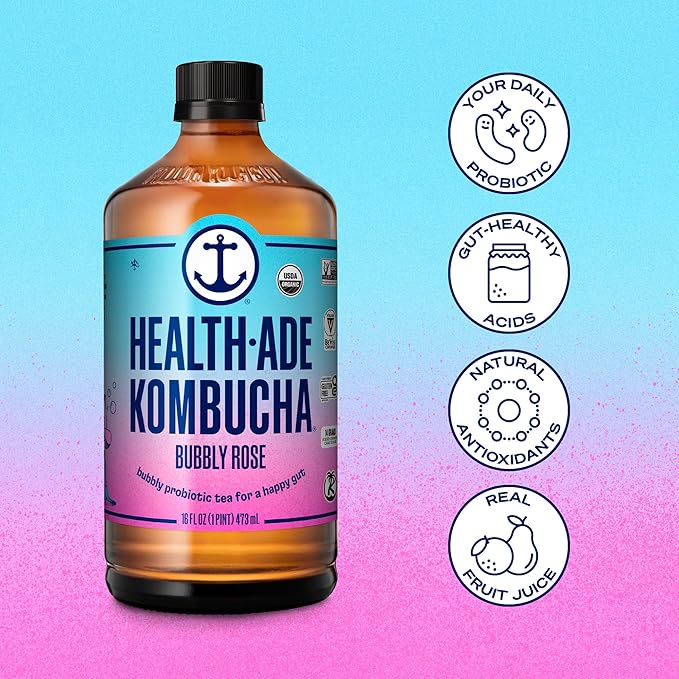 Health-Ade Organic Kombucha Tea Bubbly Rose 12-Pack (16 Fl Oz Bottles) Non-GMO Vegan Gluten-Free Fermented Drink with Living Probiotics