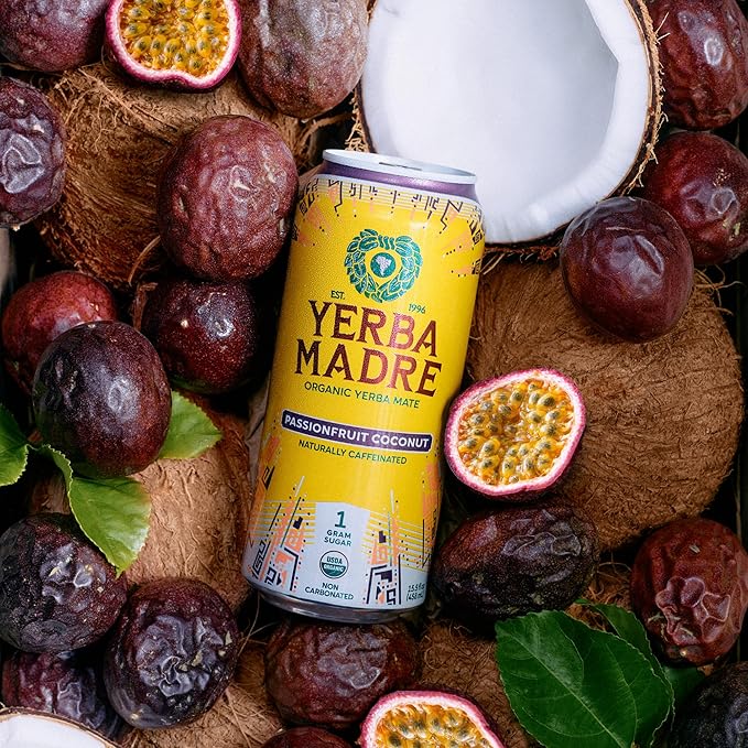 Yerba Madre Organic Yerba Mate Energy Drink Alternative Passionfruit Coconut 150mg Plant Based Caffeine Smooth Energy &amp Focus No Jitters or Crash 15.5oz Cans (Pack of 12)