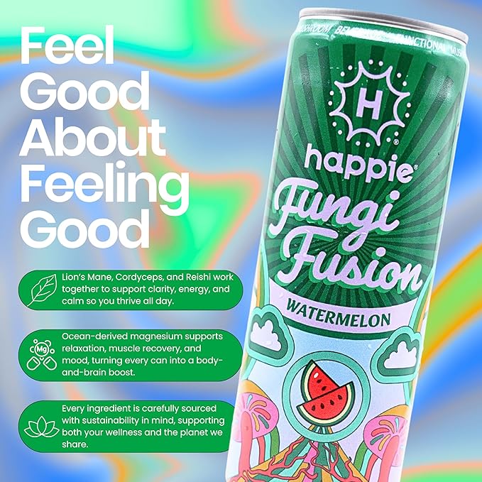 Happie Fungi Fusion Watermelon – Sparkling Mushroom Drink with Lion's Mane (900mg) Cordyceps &amp Reishi – Caffeine-Free Functional Beverage Zero Sugar Vegan Adaptogen Soda Alternative (12 Pack)