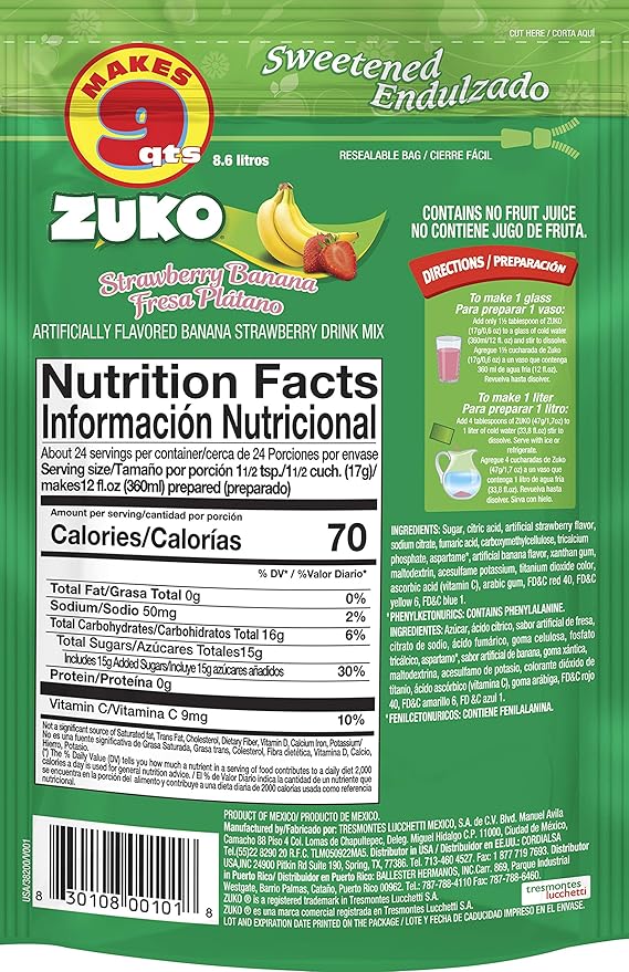 Zuko Strawberry Banana Instant Powder Drink | Family Pack | No Sugar Needed | Vitamin C | 14.1 Ounce (Pack of 6)
